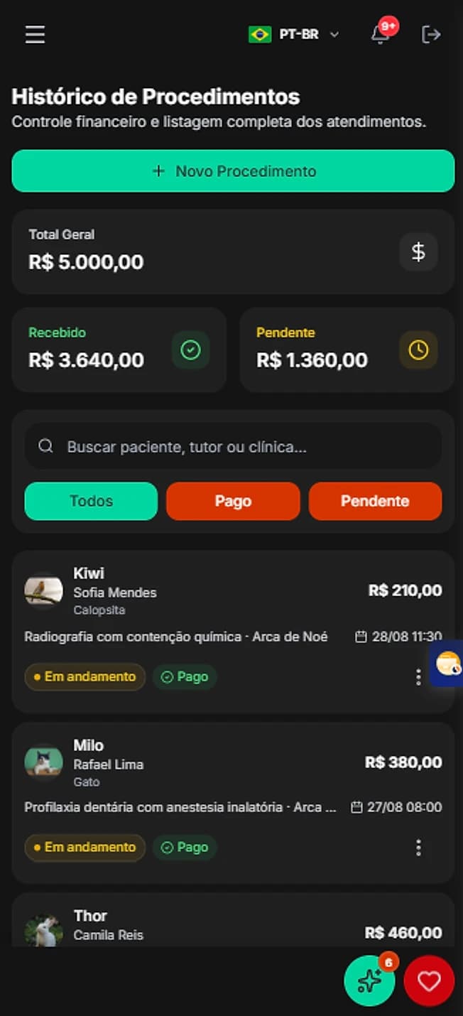 AnesteDoc no celular — histórico de procedimentos com total recebido e pendente