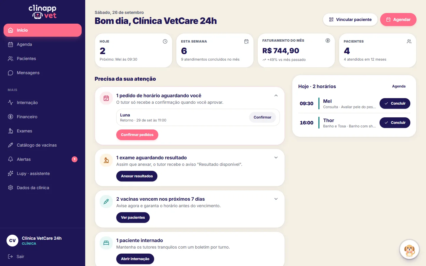 Clinapp Vet — painel da clínica com indicadores, pendências e agenda do dia (dados de demonstração)