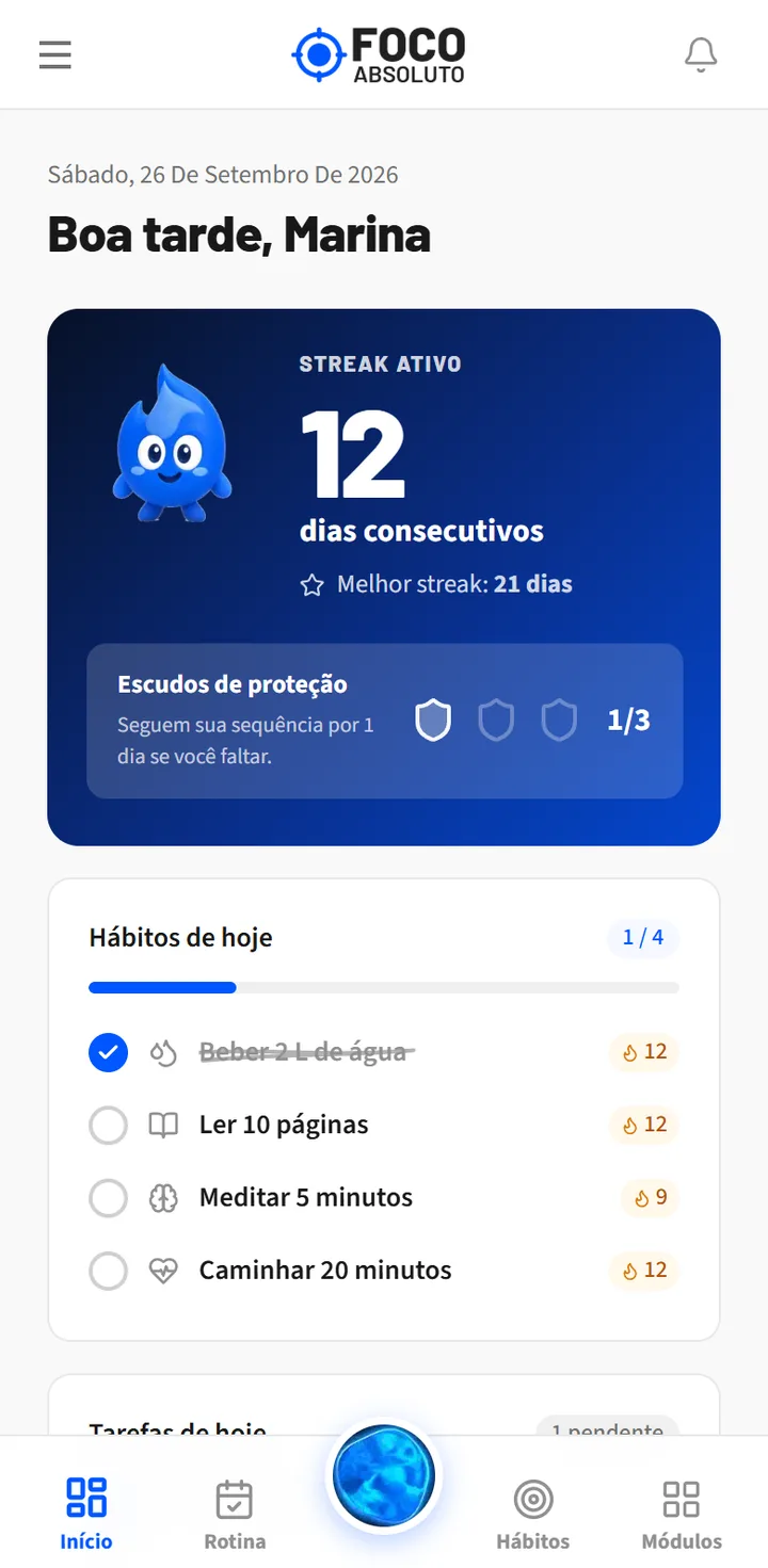 Foco Absoluto no celular — início do app com o Foquinho no card de sequência (dados de demonstração)