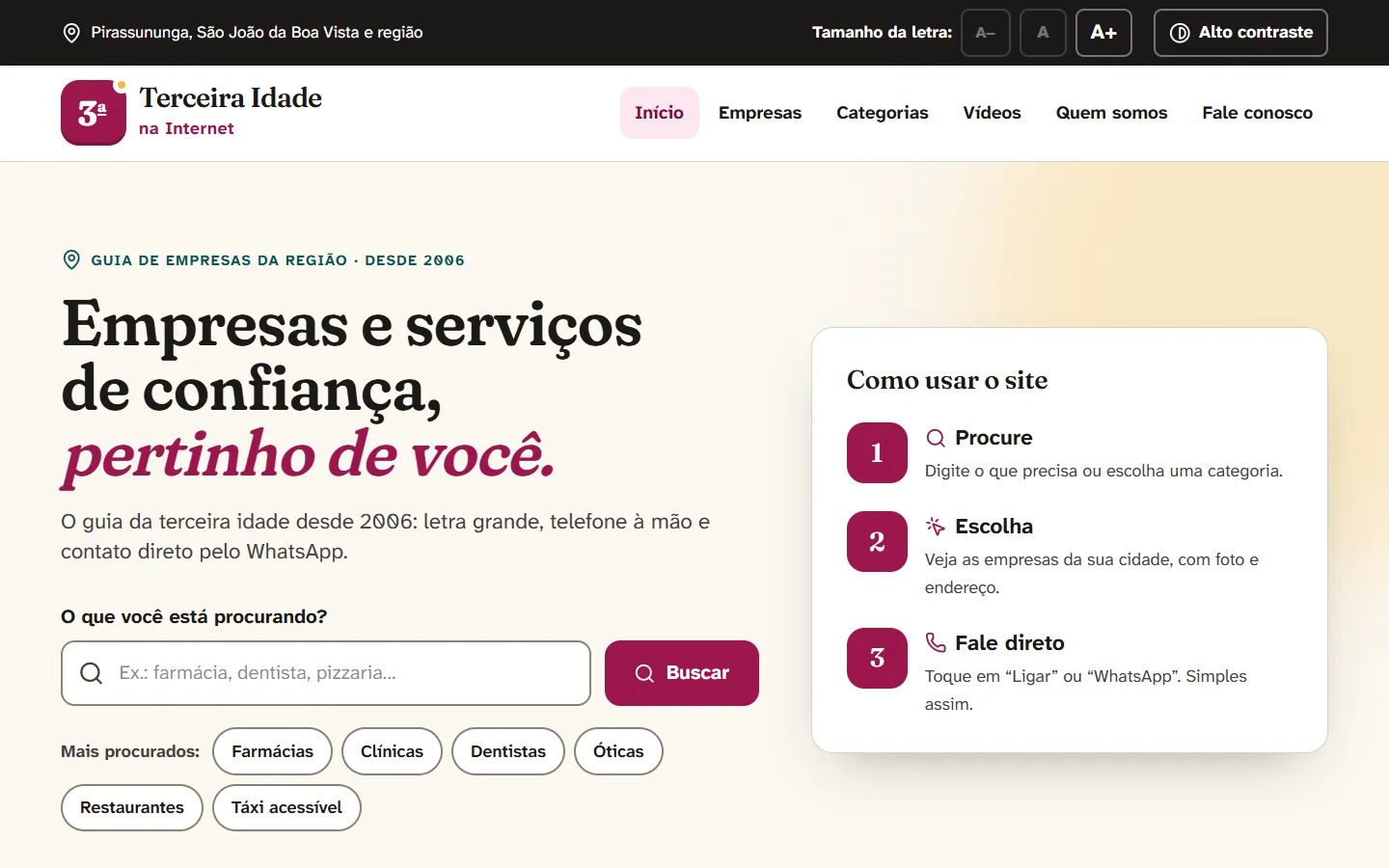Portal Terceira Idade na Internet com controles de acessibilidade
